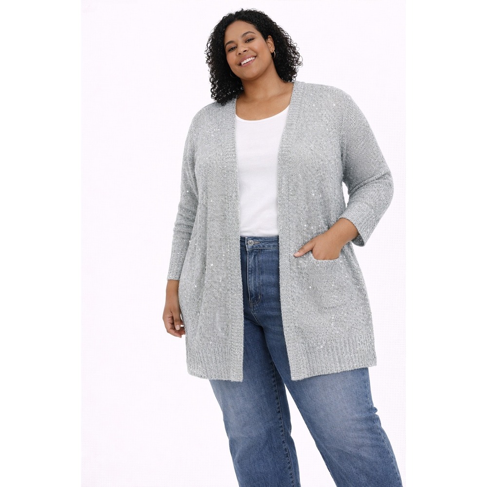 White Stag Cardigan Women XL Silver Sequin Metallic Open Front Shimmer Sweater